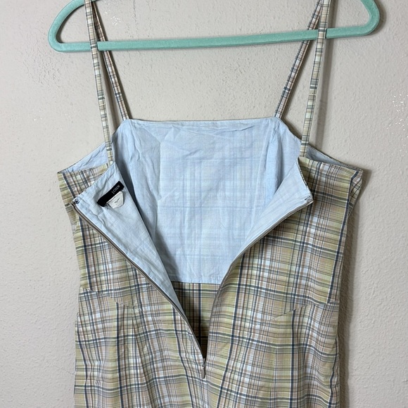 J. Crew A Line Dress Beige Dusty Blue Plaid Spaghetti Strap Square Neck size S - Picture 4 of 7